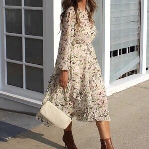 SENLIS Antoinette Dress In Pink Bird Print‎ Long Sleeve Chiffon Sz XS